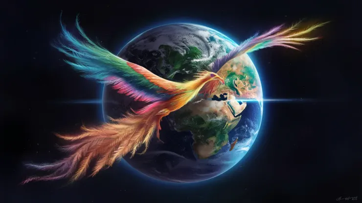 A captivating science fiction illustration of a multicolored phoenix gracefully soaring across a realistic Earth while flying through the dark cosmic backdrop. The Earth is depicted with intricate detail, showcasing its diverse landscapes and vibrant ecosystems. The phoenix, with its vivid and harmonious plumage, symbolizes the unity and preservation of our planet, embodying a hopeful and inspiring message for a sustainable future. The overall atmosphere of the image is magical, dreamy, and slightly futuristic.
