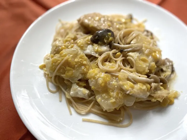 粟米「班塊」意粉/ 玉米「魚塊」義大利麵