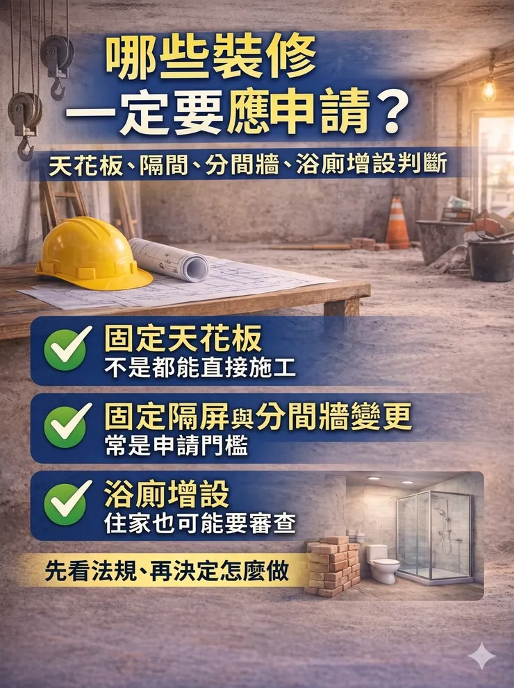 室內裝修要不要申請，不能只看是不是住家，而要看工程內容是否屬於法規上的室內裝修，以及是否涉及固定天花板、固定隔屏、分間牆變更或浴廁增設等情況。