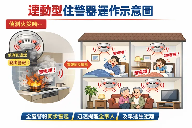 三層樓透天厝消防住警器配置示意圖。展示了無線連動型住警器在臥室、走道、廚房與樓梯頂部的黃金防護位置，並對比了偵煙型與定溫型的差異，強調煙囪效應下的垂直逃生預警系統。
