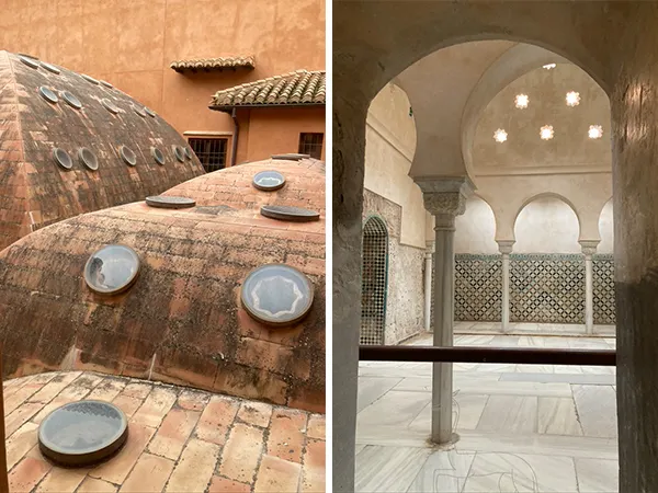 阿拉伯澡堂的天花板也是幾何形的鏤空作為採光，左為澡堂的天花板外部，右為澡堂內部