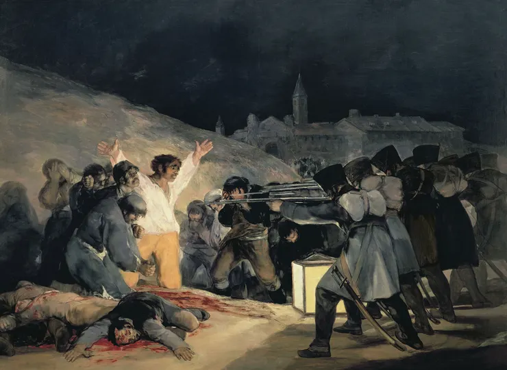 《1808年5月3日的槍殺》戈雅，創作於1814，媒材為油彩。一幅描繪法軍鎮壓起義者暴行的悲劇性作品，一幅英雄主義悲壯激昂的畫面。圖片來源自christies