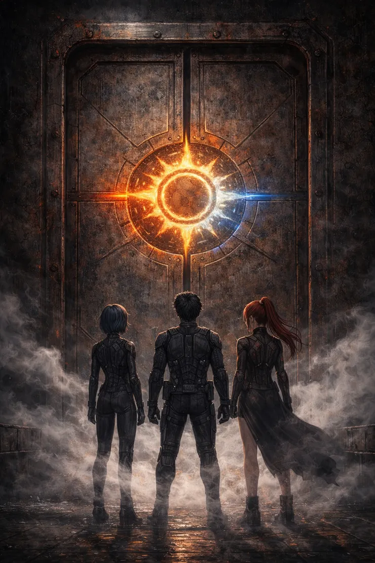 門扉中央的太陽圖騰正閃耀著紅藍交織的光輝，象徵著這是一場缺一不可的「共鳴」。