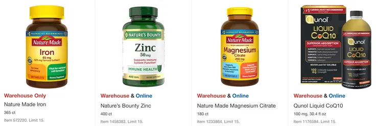 Nature Made鐵劑$19.99,Nature's Bounty 鋅 $12.49,Nature Made 檸檬酸鎂 $20.99,Qunol Q10(液態)$33.99。