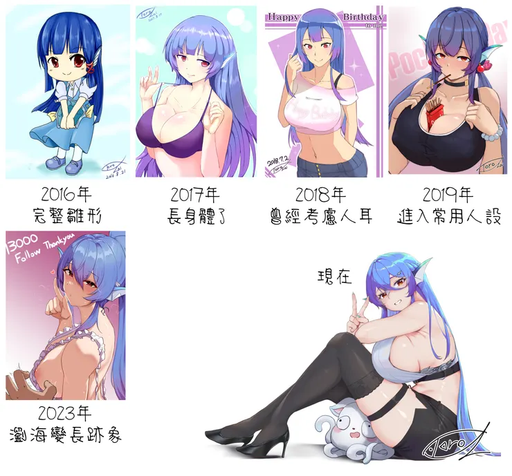 最初魚娘的人設是小蘿莉、髮型還是參考了暮蟬中的古手梨花，當初繪製的前輩看到如今長大到現在的魚娘不知道有何反應 (附圖一) (這是專為本次專訪的未公開圖XDD  算是整合了我從16年踏入實況圈+轉型至今的作品)
