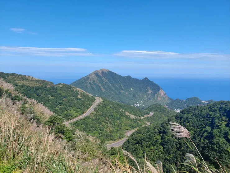 九份山城翻飛芒草花穗搭配層層疊疊山巒海岸令人驚艷
