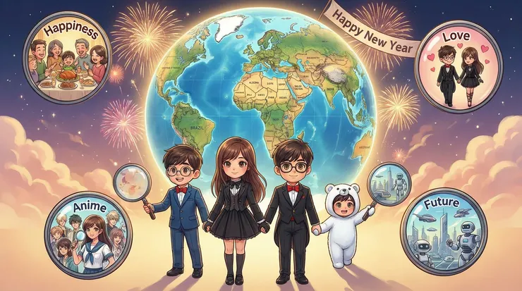 蚯蚓弟弟與好朋友們站在地球前，許下 2026 年環遊世界的願望，象徵用 AI 科技探索未來的冒險旅程。