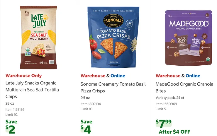 有機海鹽多穀物玉米片 $6.80、番茄羅勒披薩脆片 $8.99、有機迷你格蘭諾拉麥片球 $7.99。