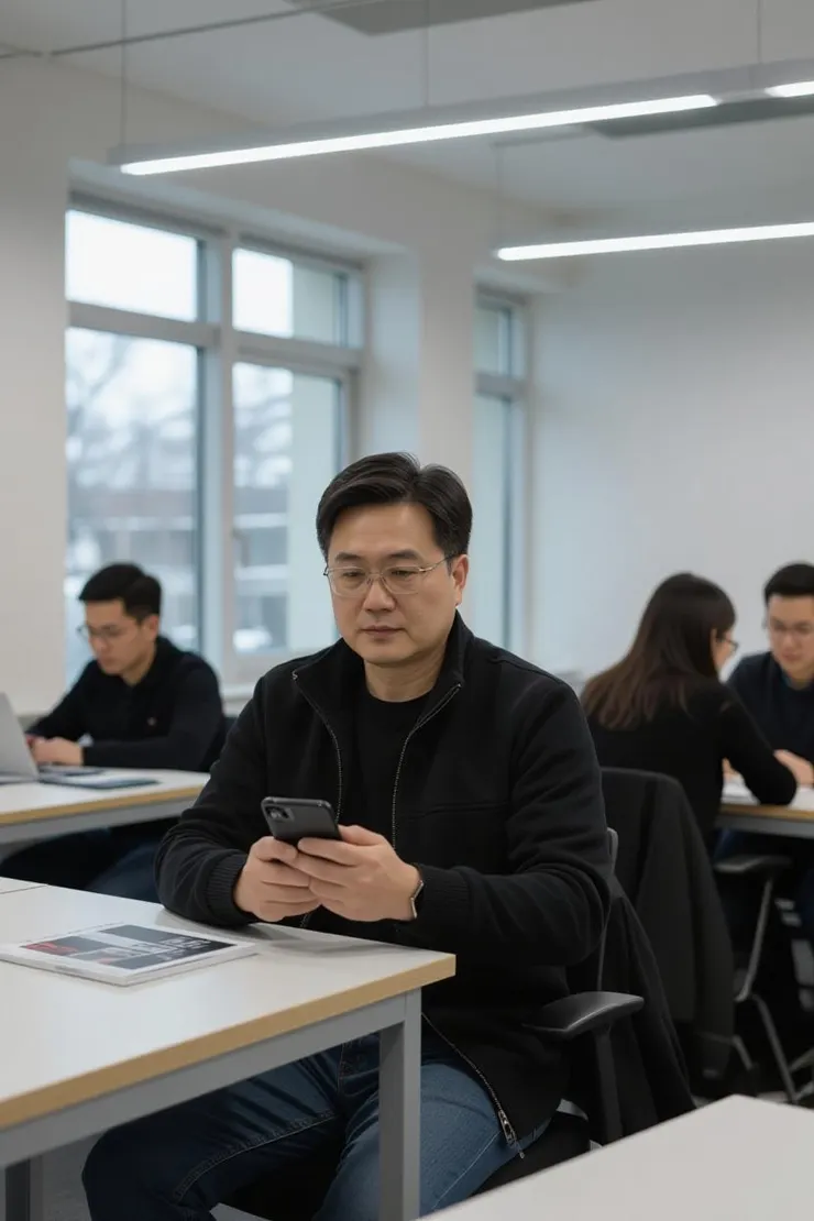 中年員工午休時滑手機,假裝看新聞,實際上在瀏覽課程資訊。