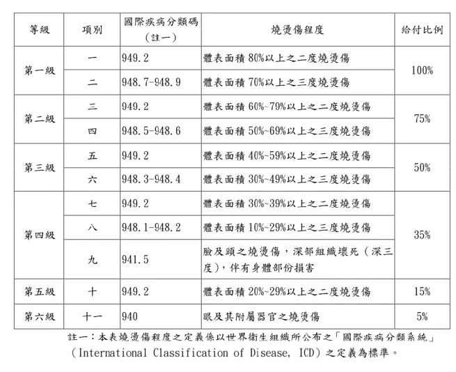 產險公司燒燙傷等級表