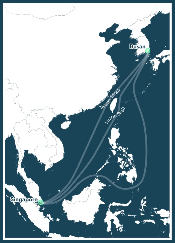 出處：https://features.csis.org/....../china-taiwan-strait-trade/ 圖中台灣海峽航道、呂宋（巴士）海峽航道戰時將不能通行