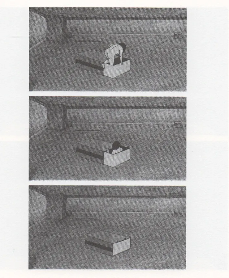 圖2床底下發現被發現的灰塵孩子，轉身躲入火柴盒裡。