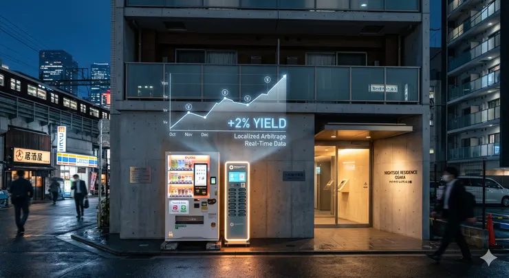 日本房產鑑定：透過 AI 數據模擬，展現建築邊角空間轉化為無人零售終端後的 2% 投報率增長趨勢。