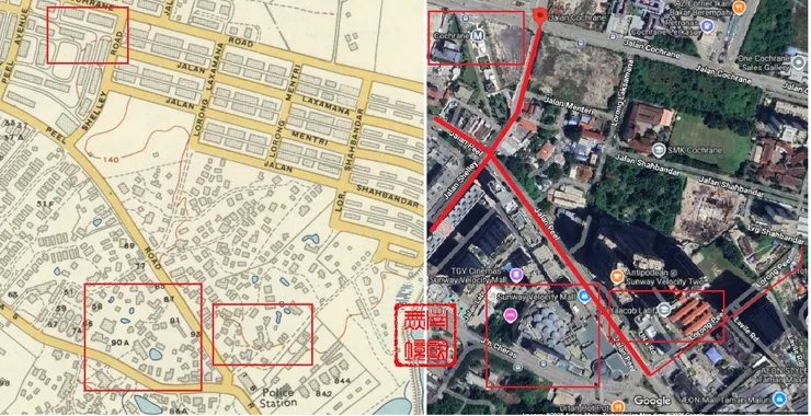 啤律和雪萊路周圍地圖今昔比較。-Kuala Lumpur Map,Survey Dept., Federation of Malaya No. 65 - 1957;Google Map.