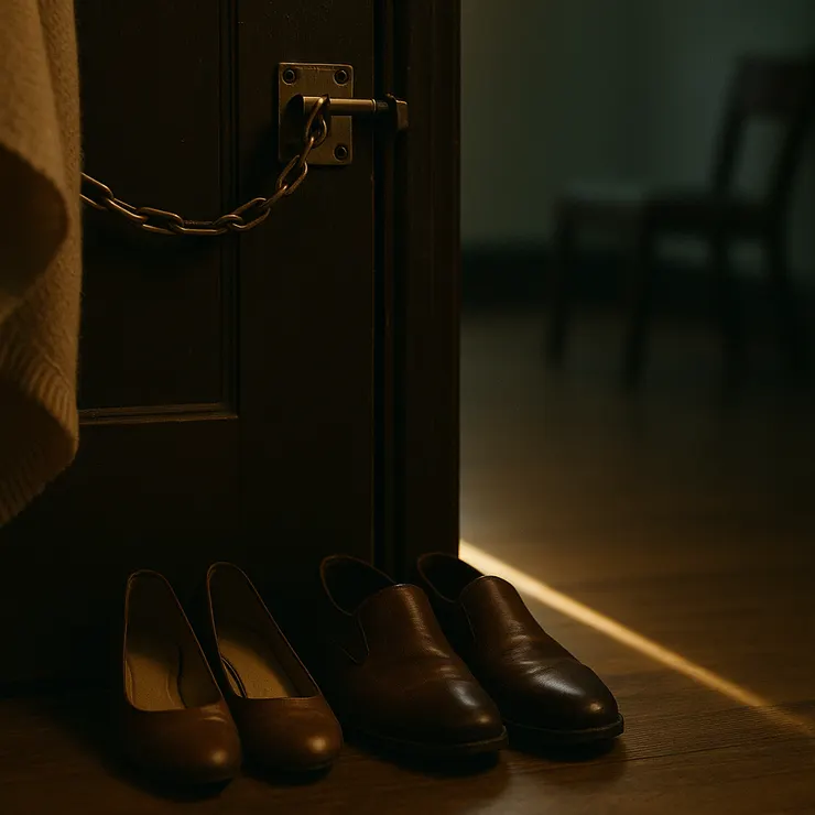 半扣門鏈的玄關，兩雙鞋對齊；披肩一角掛在牆上，門縫光細細。