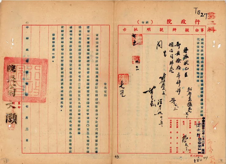 圖1 行政院指訓令外交部代表與美國簽訂協定 案名:美援協定 檔號:0036/604.7/0002 來源機關:外交部 管有機關:國家發展委員會檔案管理局