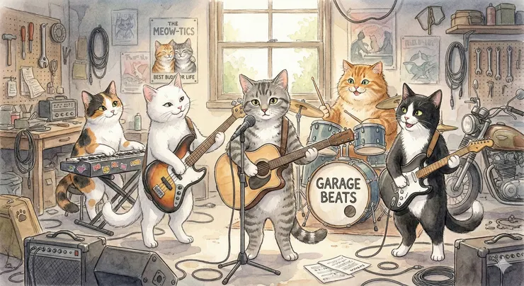 虎斑貓原主唱出唱片去了，車庫貓樂團共同推派了灰貓吉他手來接任主唱。