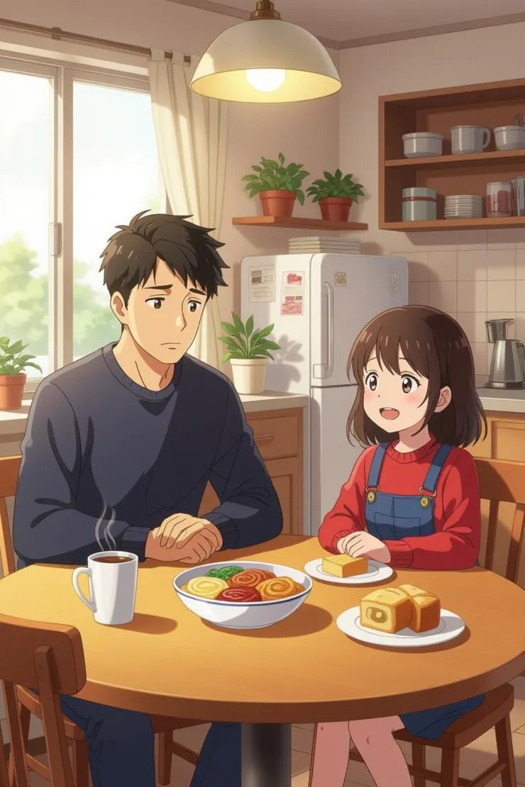 父親在餐桌旁低落，女兒鼓勵他繼續求職。