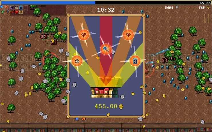 吸血鬼倖存者中開出5個升級的寶箱