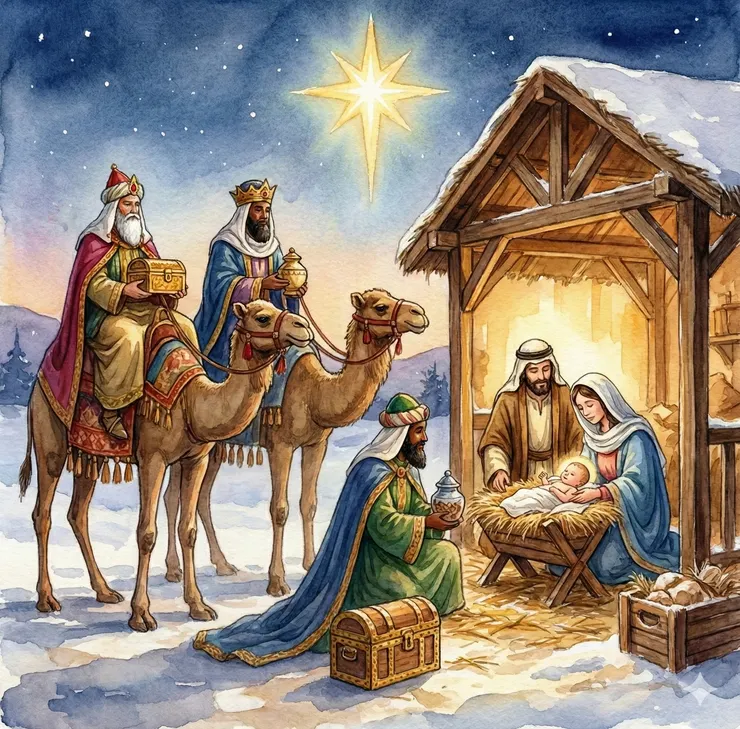 耶穌誕生的夜晚,三位博士依循天上的星辰,來到聖母與聖嬰身旁,並獻上黃金、乳香與沒藥作為祝福