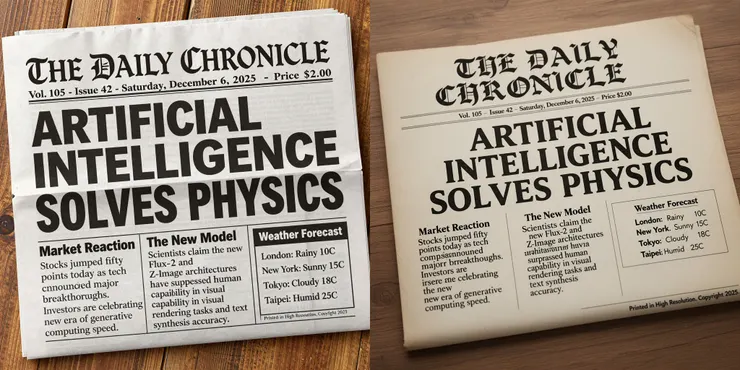 Prompt: A photorealistic, top-down close-up shot of a vintage newspaper front page lying on a wooden table. The newspaper is named "THE DAILY CHRONICLE" in a large, gothic black font at the very top. Below the name, a smaller line reads "Vol. 105 - Issue 42 - Saturday, December 6, 2025 - Price $2.00".  The main headline is huge, bold, and capitalized, clearly reading: "ARTIFICIAL INTELLIGENCE SOLVES PHYSICS".  Below the headline, the text is divided into three distinct vertical columns: 1. Left Column: Has a sub-header "Market Reaction". The text paragraph below it must be legible and read: "Stocks jumped fifty points today as tech companies announced major breakthroughs. Investors are celebrating the new era of generative computing speed." 2. Center Column: Has a sub-header "The New Model". The text below reads: "Scientists claim the new Flux-2 and Z-Image architectures have surpassed human capability in visual rendering tasks and text synthesis accuracy." 3. Right Column: Has a small box titled "Weather Forecast". Inside the box, a list reads: "London: Rainy 10C", "New York: Sunny 15C", "Tokyo: Cloudy 18C", "Taipei: Humid 25C".  At the very bottom right, a small footer text reads: "Printed in High Resolution. Copyright 2025."  Lighting is even and natural, ensuring every letter is sharp and readable. High texture paper grain. (左：Z-Image-Turbo 右：FLUX-2 [dev])