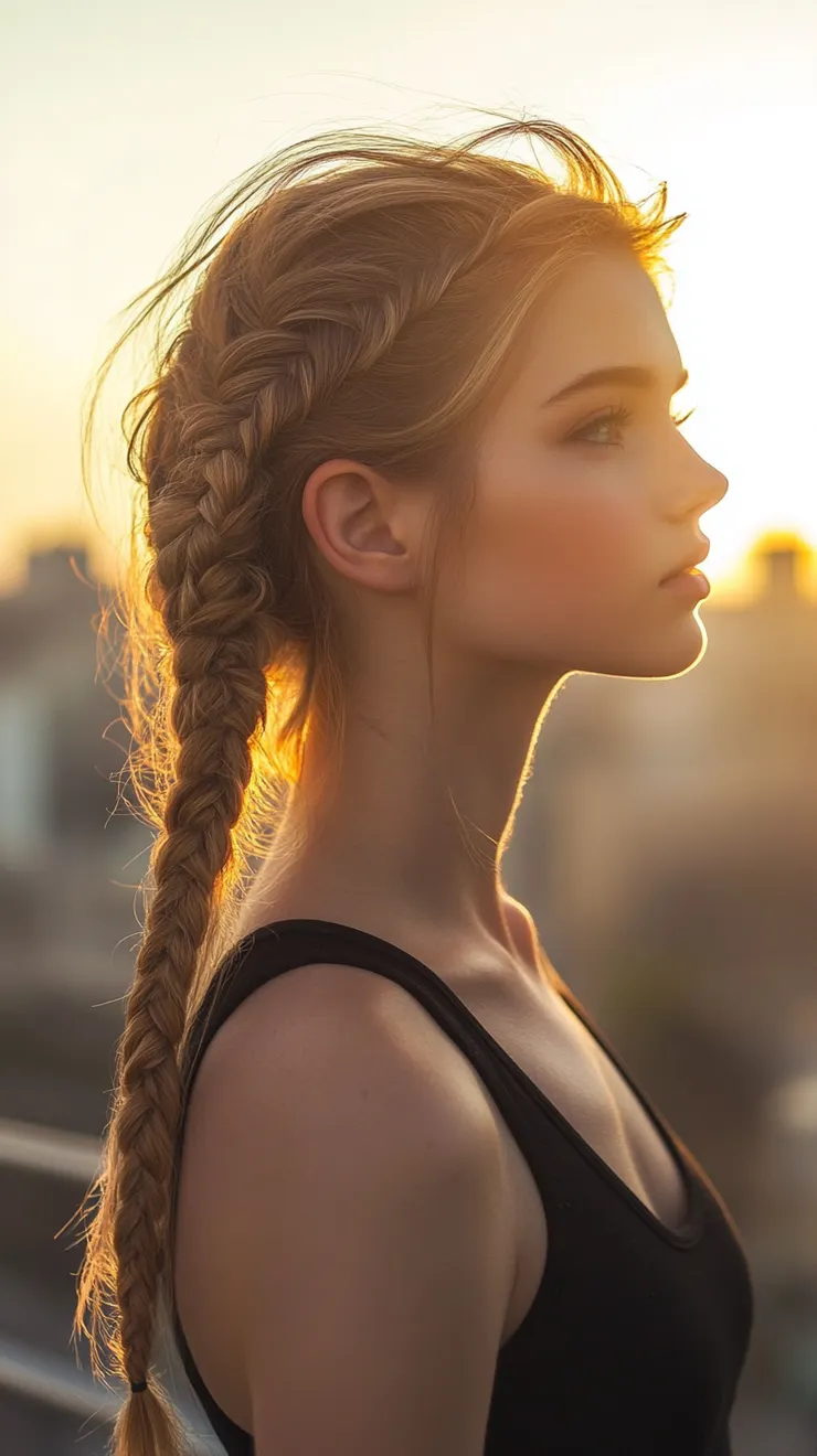 A woman with highlighted blonde hair in a high, sleek fishtail braid ponytail.