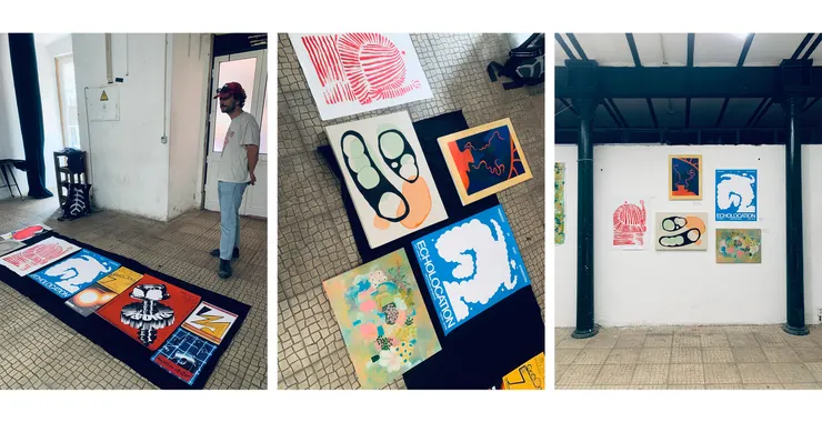 放在地板上的作品、大家的作品進行排列組合、最後中間牆壁的樣貌