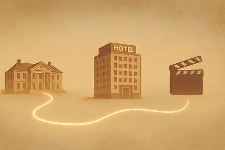 古老的莊園→現代的飯店→文化符號(影視)。(歷史、專業與象徵的連結)〈此插圖由AI協助生成。〉