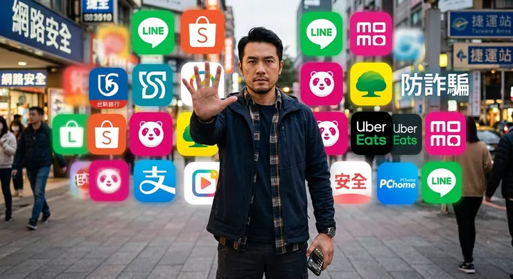 梁練偉做出停止手勢，提醒民眾防範App詐騙，保護數位安全。