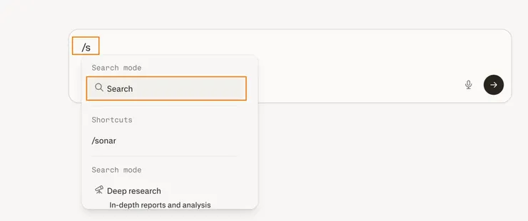在 Perplexity 輸入框裡打 /search — 那個手動捷徑