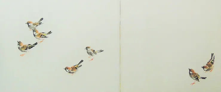 〈梅花村一隅〉局部一麻雀