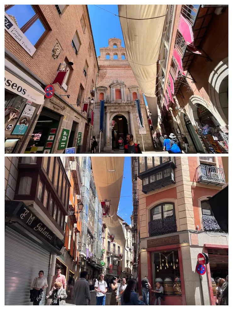 上方白色遮陽帆布， 兩旁紫紅色皇家布條， 跟格拉納達阿拉伯街相似。