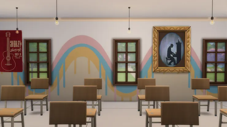 音樂室除了音樂相關的畫作，還貼著音樂會的宣傳海報，有興趣的同學可以報名參加。