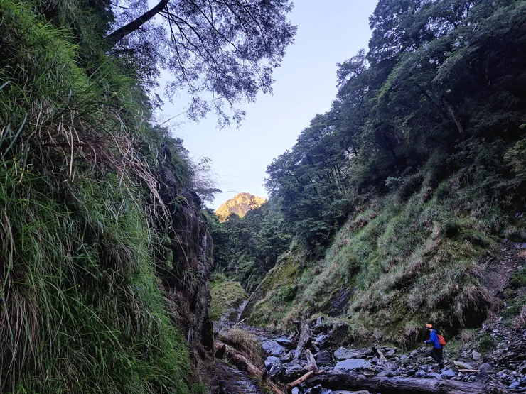 ▲日出後由山谷遠眺中央尖金色的山頭。