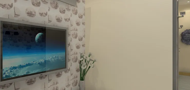 因為有廚房和洗手間的空間，才有這個放電視的位置。