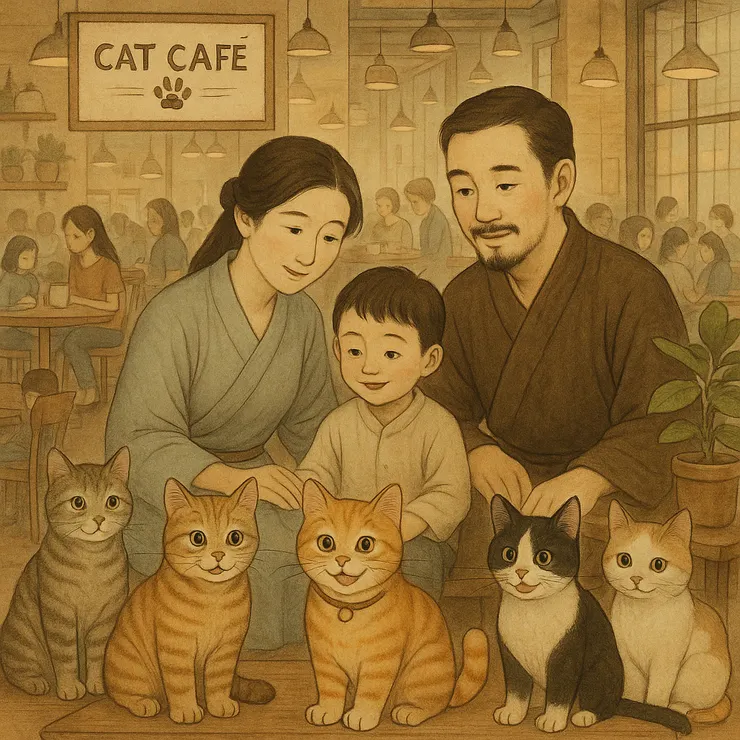 人物表情溫潤、貓咪栩栩如生，結合傳統工筆畫與現代構圖語言是東方寫意與日常生活情感的融合表現。