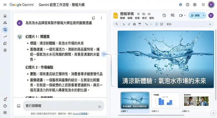 3️⃣ 讓文案與視覺設計同步到位。Gem 在產出文字架構的同時，也會給出對應的視覺建議，設計師能直接掌握畫面呈現方向。