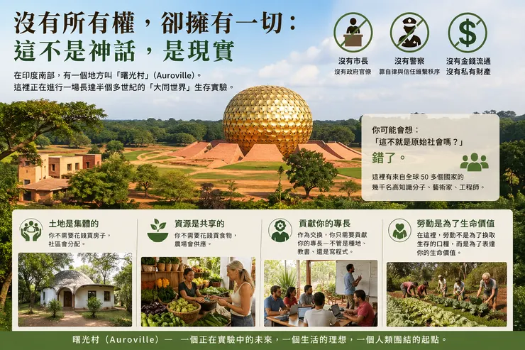 在印度南部的「曙光村」(Auroville)，正在進行一場長達半個多世紀的「大同世界」生存實驗。