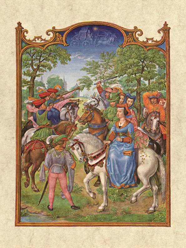 描繪一位女士騎在早期「側鞍」上的圖案。