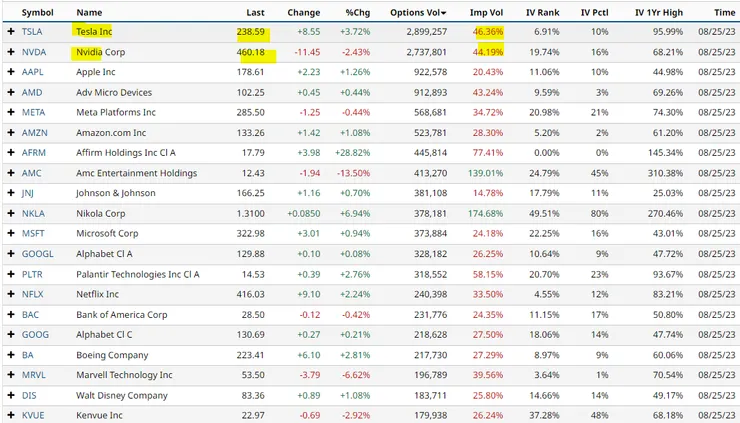 2023年八月二十五日美國選擇權交易量最大的前20檔/Source: barchart.com