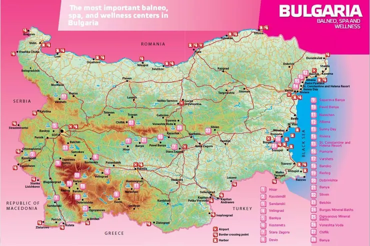 保加利亞全國溫泉分布圖。