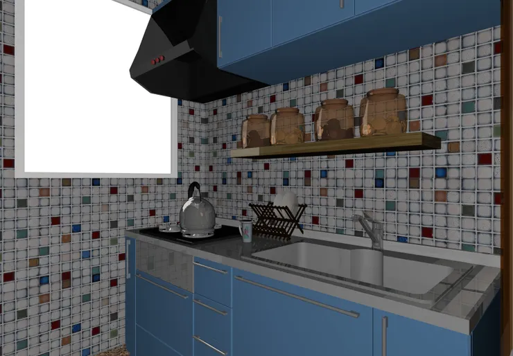 廚房很簡單。架子上的是餅乾罐。