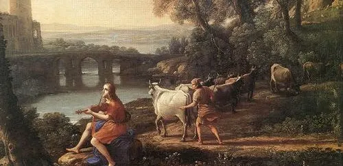 趁着阿波罗在演奏，偷走牛群的赫尔墨斯