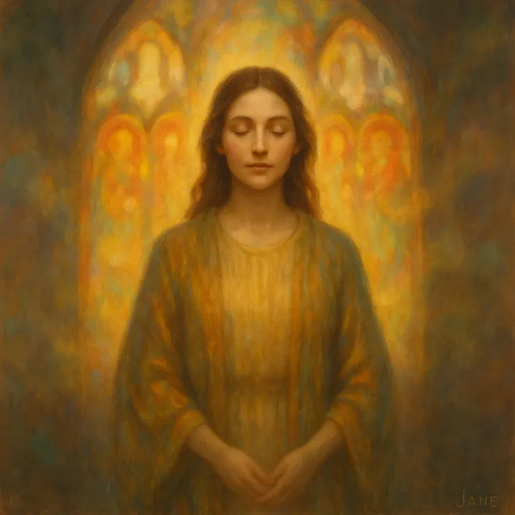 Jane would pause before the largest window, whose shapes were always just out of reach—two halos burning through the mist, the suggestion of figures entwined in eternal dialogue.