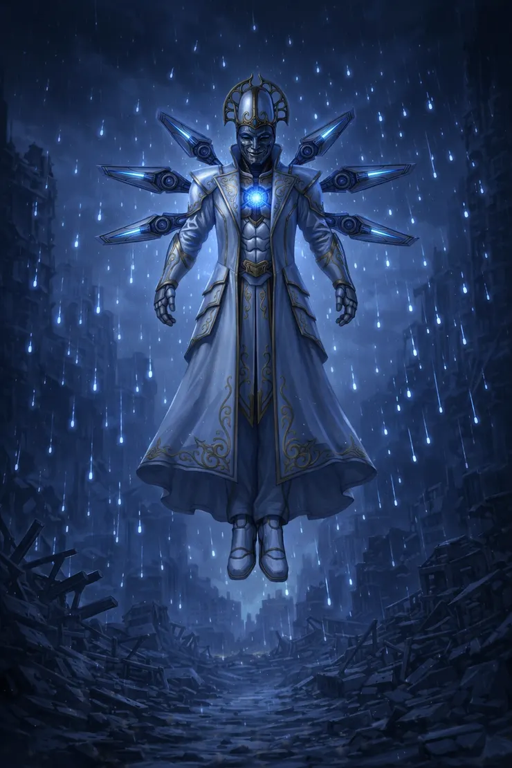 卡爾基懸浮於半空，潔白無瑕的裝甲散發神性光輝，周圍飄落著發光的奈米雨。氛圍神聖而壓抑。