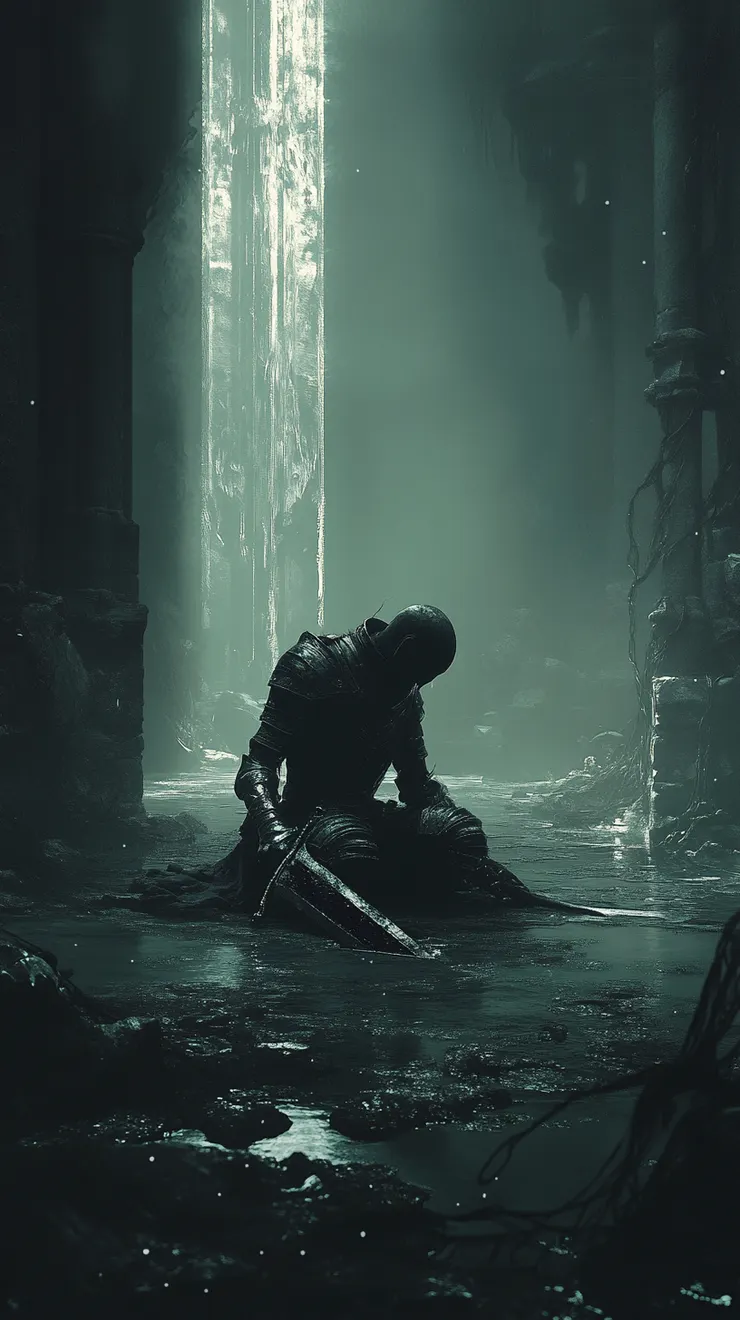 Artorias kneeling, his greatsword broken before him, in a pool of dark, viscous abyss.  His armor is tarnished, and tendrils of darkness creep around him