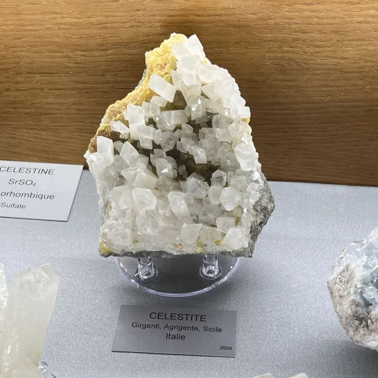 晶體分明，白色色調微透，呈現玻璃般的光澤。。拍攝於法國礦物博物館。