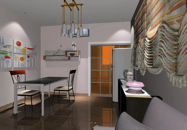 這是從客廳的角落望過去飯廳，餐桌旁的廚房門，用上了茶色玻璃。