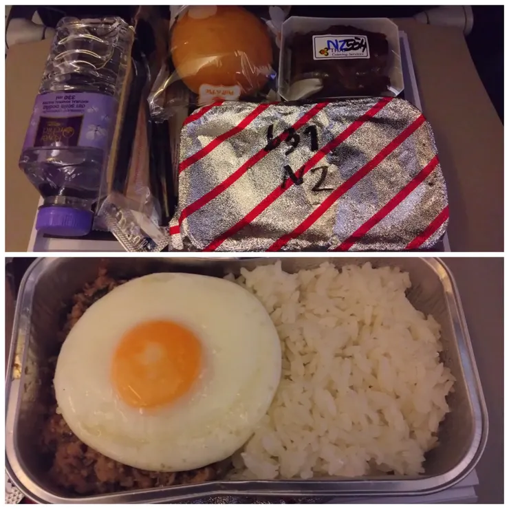 我超喜歡飛機餐喔!這次是打拋豬飯、奶油佐小餐包與藍莓醬佐布朗尼!