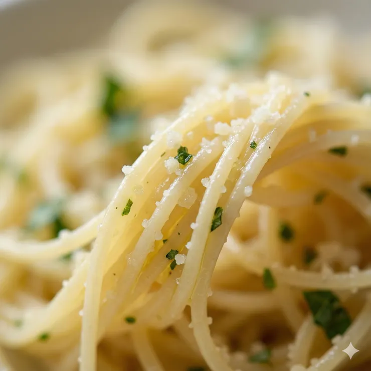 /imagine prompt: An extreme macro close-up photograph of cooked Angel Hair pasta. The focus is razor-sharp on a localized area, showing the extremely thin diameter and al dente texture of the pasta strands. Finely grated Parmesan cheese dust and tiny specks of fresh basil crumbs are sprinkled on top. Extremely shallow depth of field, soft blurred background to emphasize ingredient freshness and intricate details. Natural light. --ar 1:1 --v 6.0